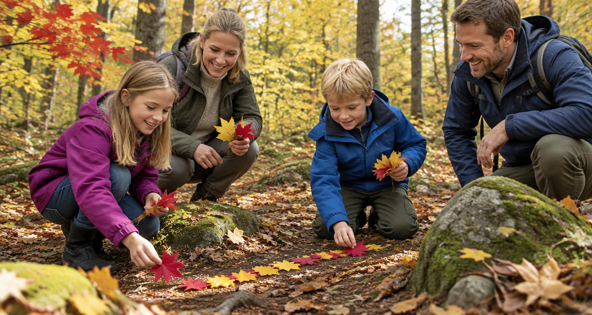 Familj som undersöker höstlöv tillsammans i en skog